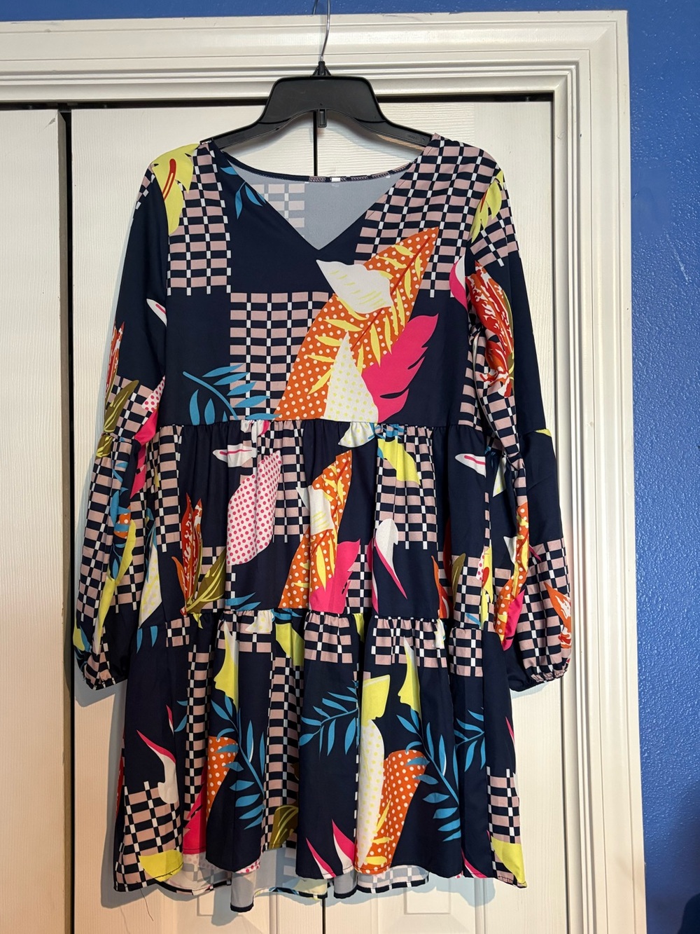 Floral Patchwork Navy Mini Dress with V-Neck